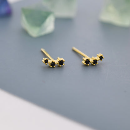 Extra Tiny Black CZ Trio Stud Earrings in Sterling Silver, Silver or Gold, Geometric Tiny Three Star CZ Earrings, Stacking Earrings