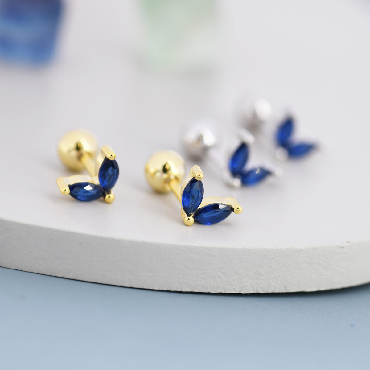 Sterling Silver Sapphire Blue CZ Marquise Leaf Duo Barbell Earrings, Gold or Silver, Marquise Fan Screw back Earrings, Screwback Earrings