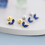 Sterling Silver Sapphire Blue CZ Marquise Leaf Duo Barbell Earrings, Gold or Silver, Marquise Fan Screw back Earrings, Screwback Earrings