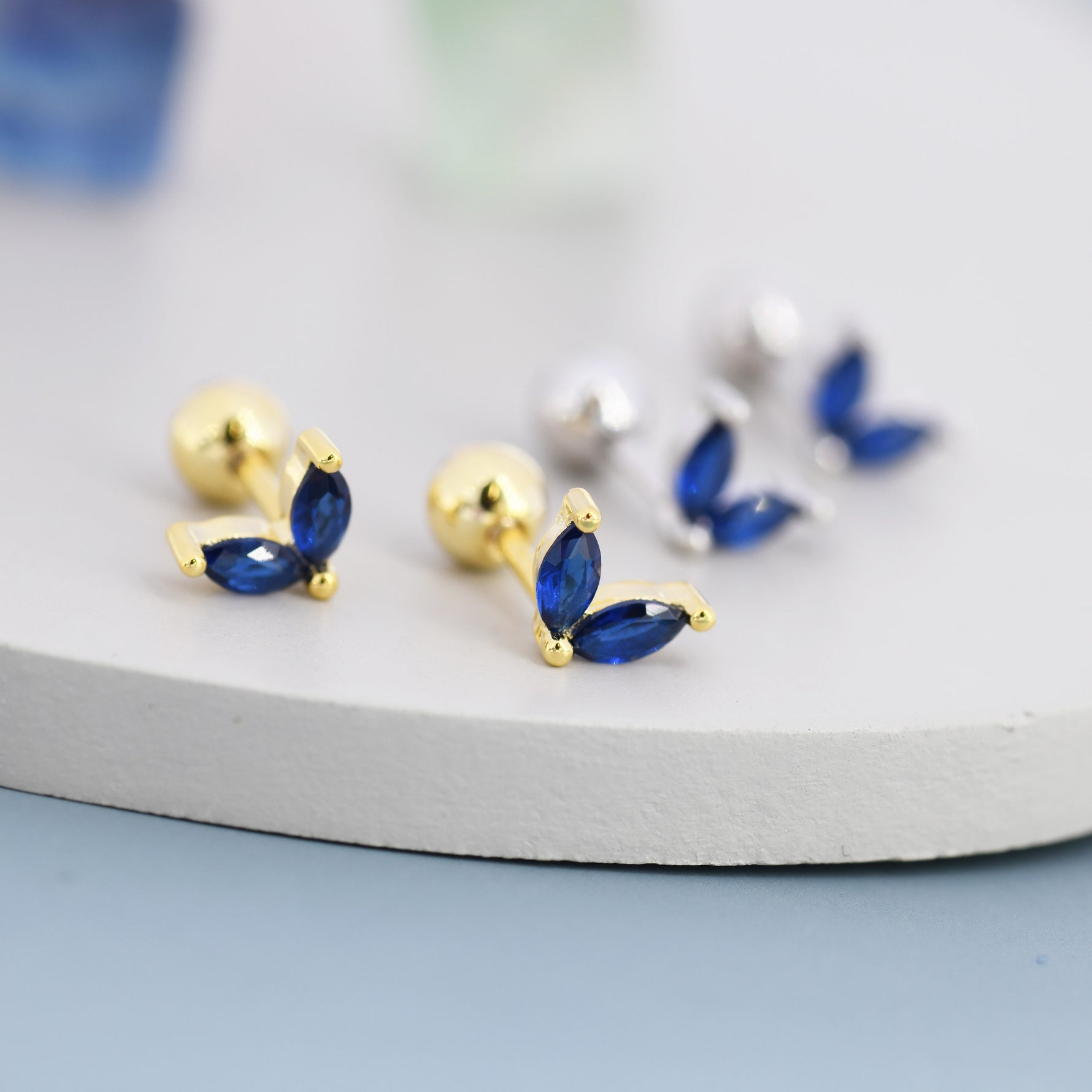 Sterling Silver Sapphire Blue CZ Marquise Leaf Duo Barbell Earrings, Gold or Silver, Marquise Fan Screw back Earrings, Screwback Earrings
