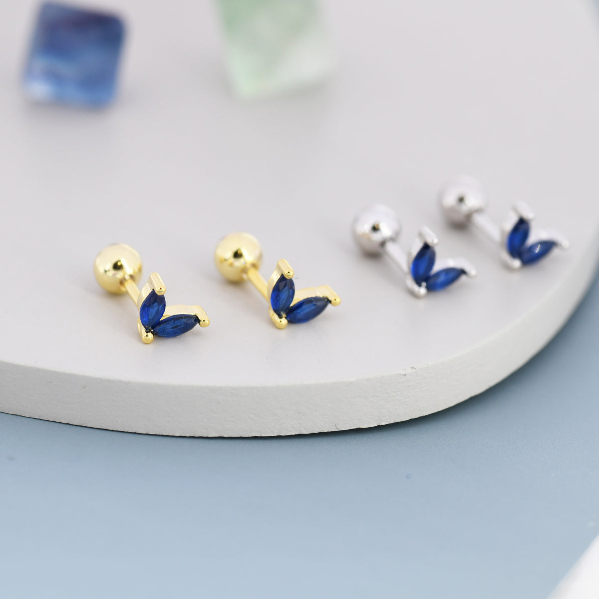 Sterling Silver Sapphire Blue CZ Marquise Leaf Duo Barbell Earrings, Gold or Silver, Marquise Fan Screw back Earrings, Screwback Earrings