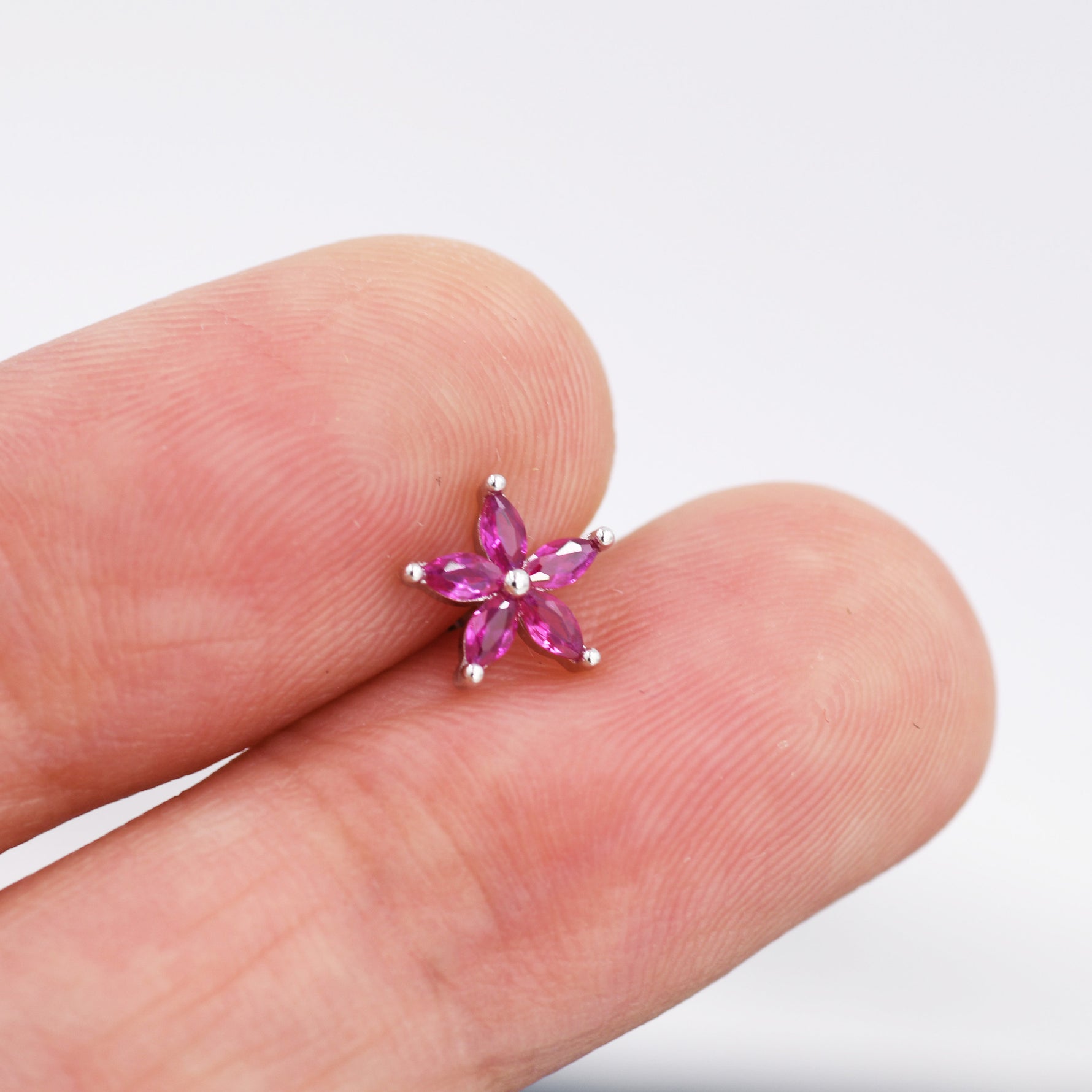 Sterling Silver Ruby Pink CZ Flower Barbell Earrings, Gold or Silver, Marquise CZ Screw Back Earrings, Stacking Earrings