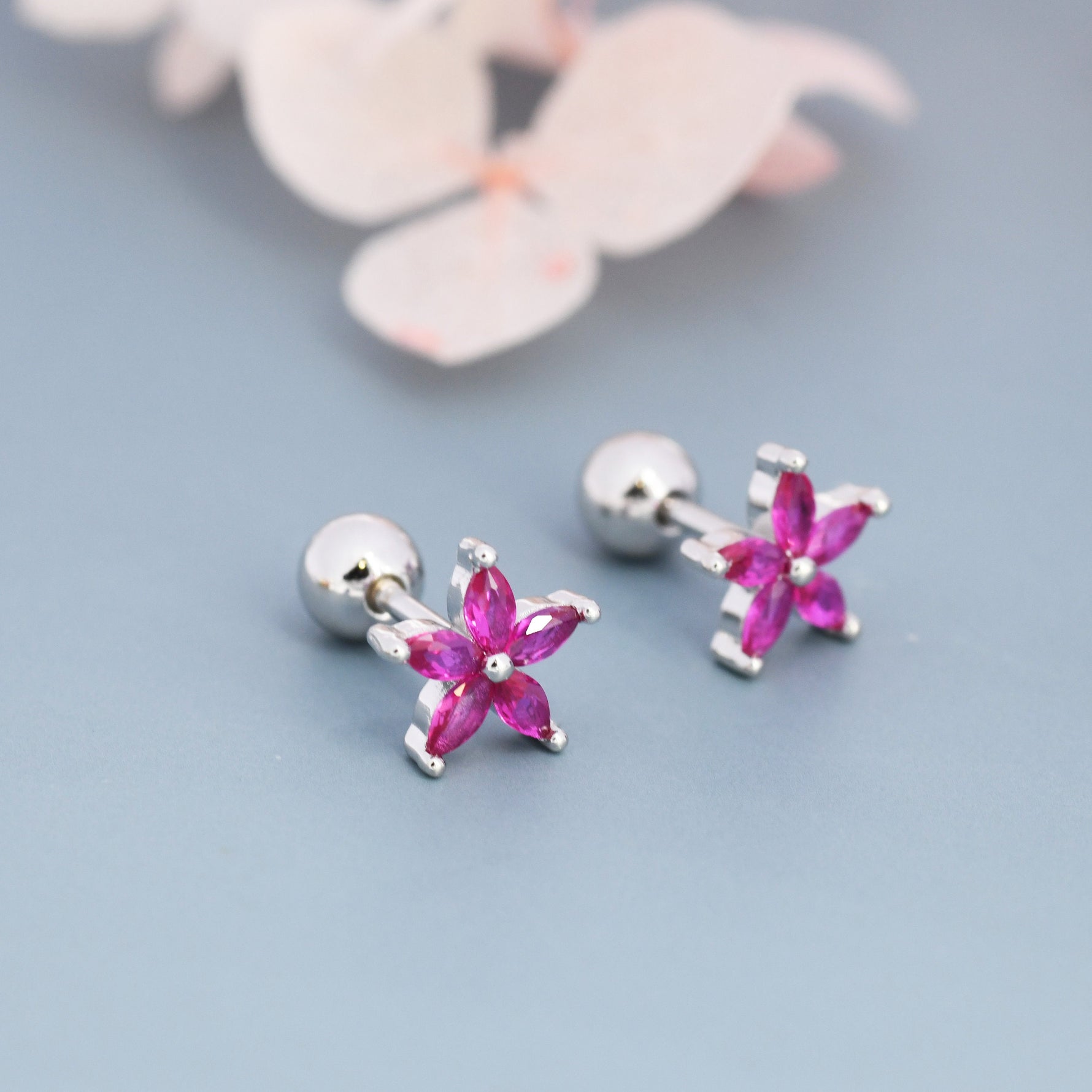 Sterling Silver Ruby Pink CZ Flower Barbell Earrings, Gold or Silver, Marquise CZ Screw Back Earrings, Stacking Earrings