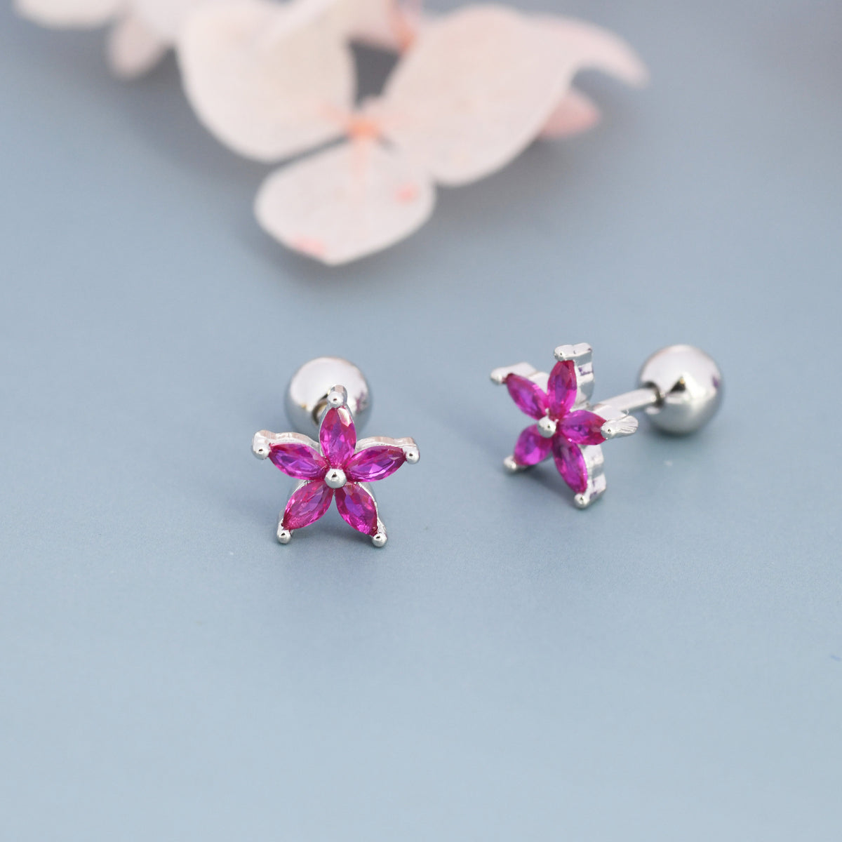 Sterling Silver Ruby Pink CZ Flower Barbell Earrings, Gold or Silver, Marquise CZ Screw Back Earrings, Stacking Earrings