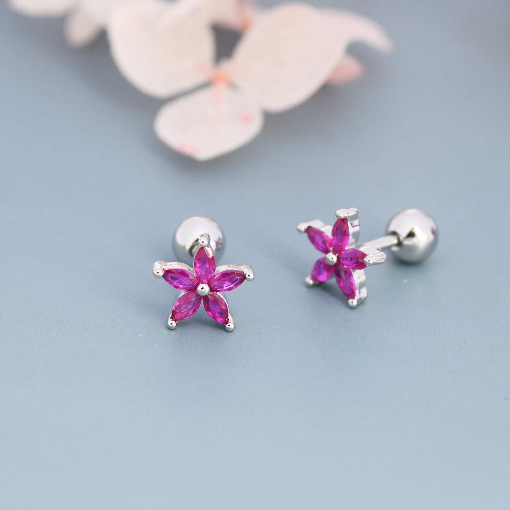 Sterling Silver Ruby Pink CZ Flower Barbell Earrings, Gold or Silver, Marquise CZ Screw Back Earrings, Stacking Earrings