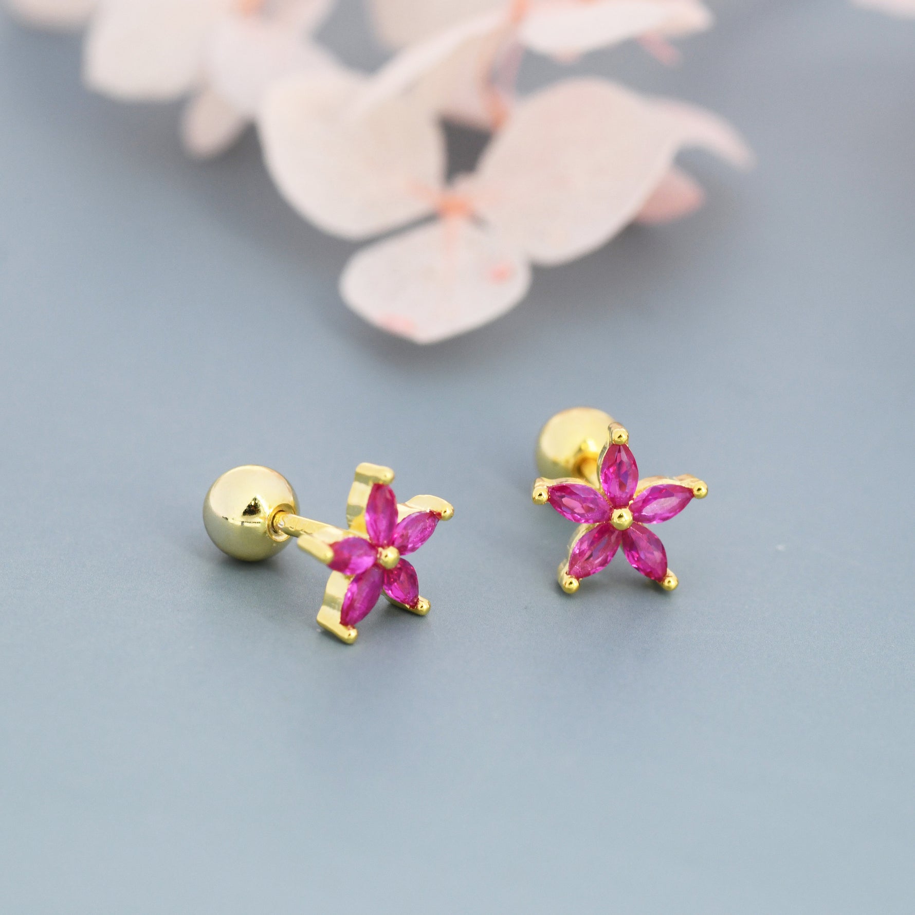 Sterling Silver Ruby Pink CZ Flower Barbell Earrings, Gold or Silver, Marquise CZ Screw Back Earrings, Stacking Earrings
