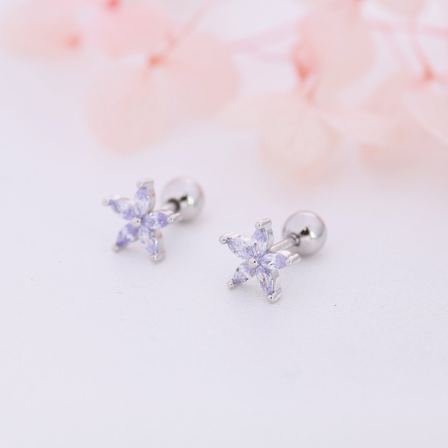 Sterling Silver Alexandrite CZ Flower Barbell Earrings,  Gold or Silver, Marquise CZ Screw Back Earrings, Stacking Earrings, Lilac Purple