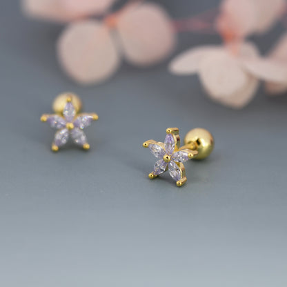 Sterling Silver Alexandrite CZ Flower Barbell Earrings,  Gold or Silver, Marquise CZ Screw Back Earrings, Stacking Earrings, Lilac Purple