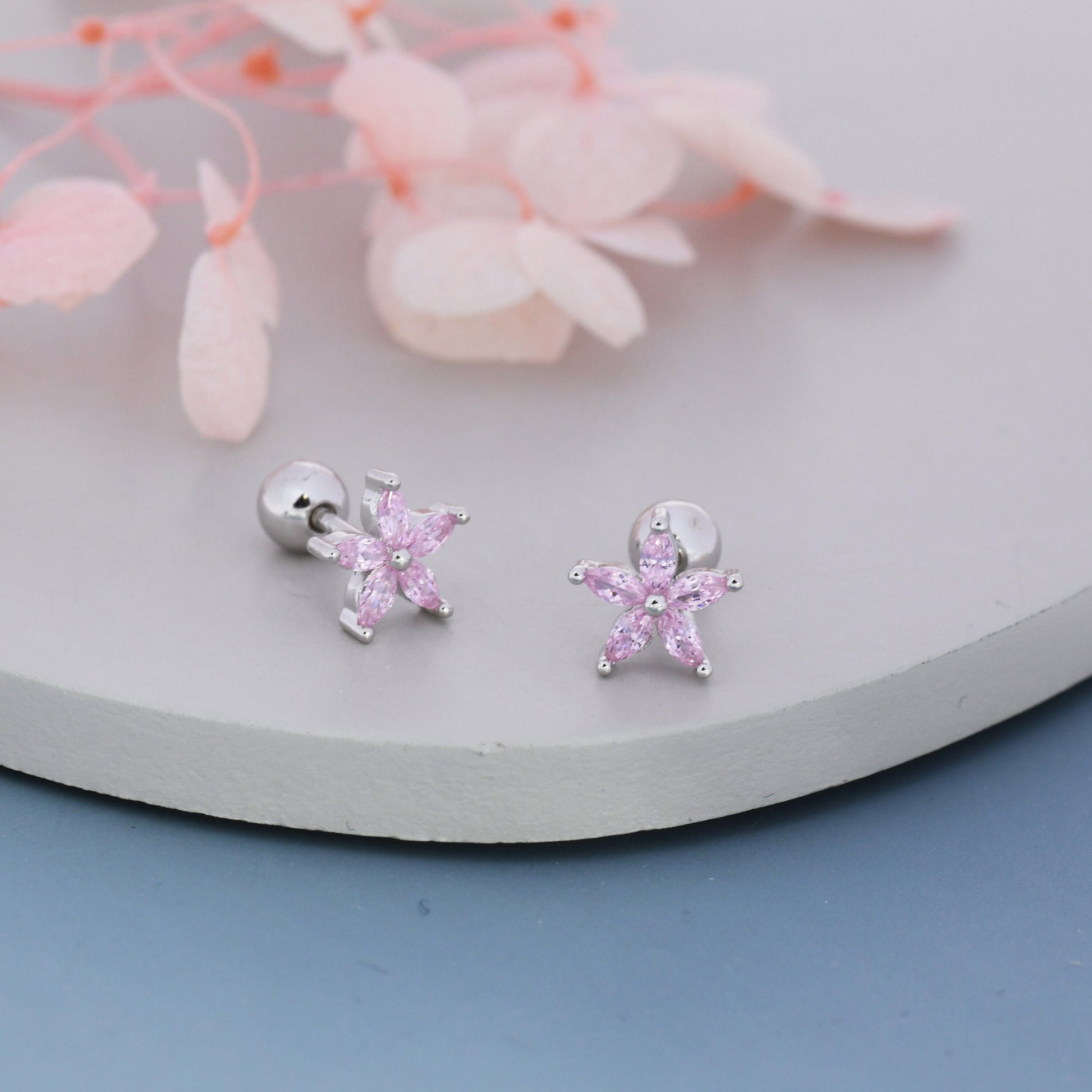 Sterling Silver Tourmaline Pink CZ Flower Barbell Earrings, Gold or Silver, Marquise CZ Screw Back Earrings, Stacking Earrings