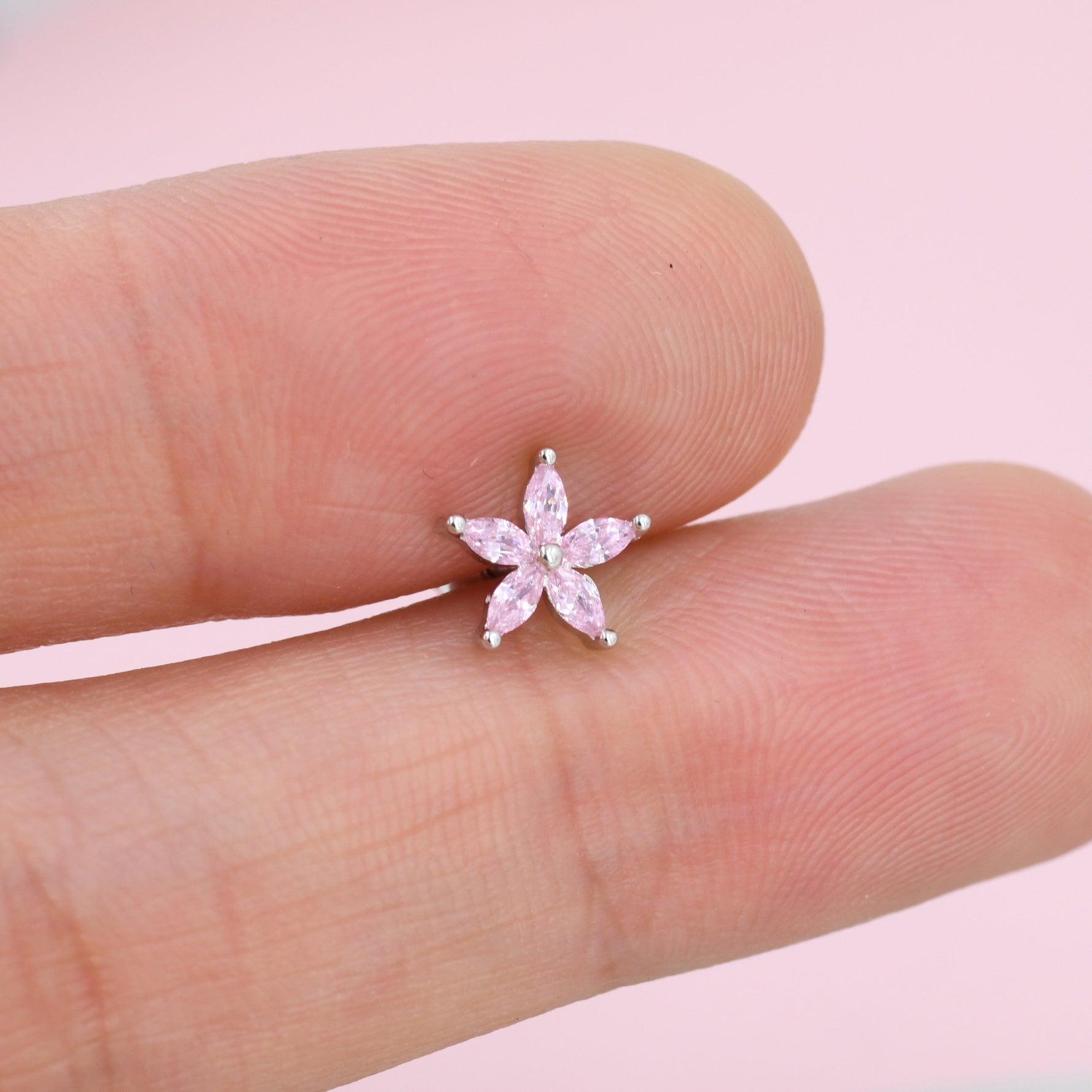Sterling Silver Tourmaline Pink CZ Flower Stud Earrings, Gold or Silver, Stacking Earrings
