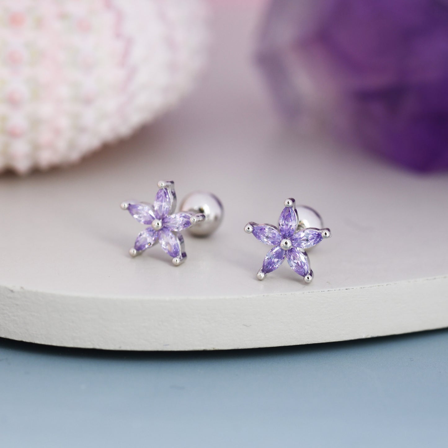 Sterling Silver Amethyst Purple CZ Flower Barbell Earrings,  Gold or Silver, Marquise CZ Screw Back Earrings, Stacking Earrings