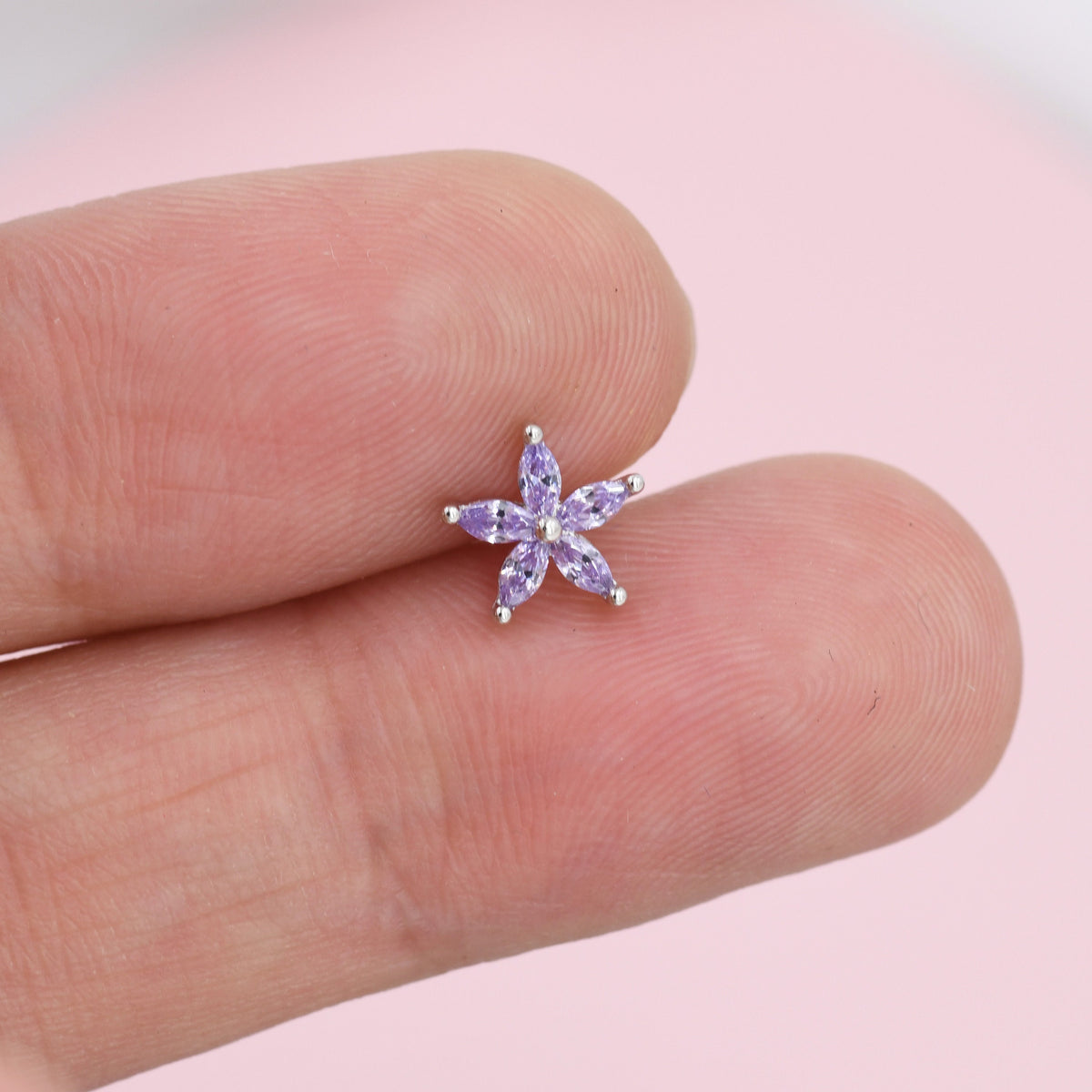 Sterling Silver Amethyst Purple CZ Flower Barbell Earrings, Gold or Silver, Marquise CZ Screw Back Earrings, Stacking Earrings