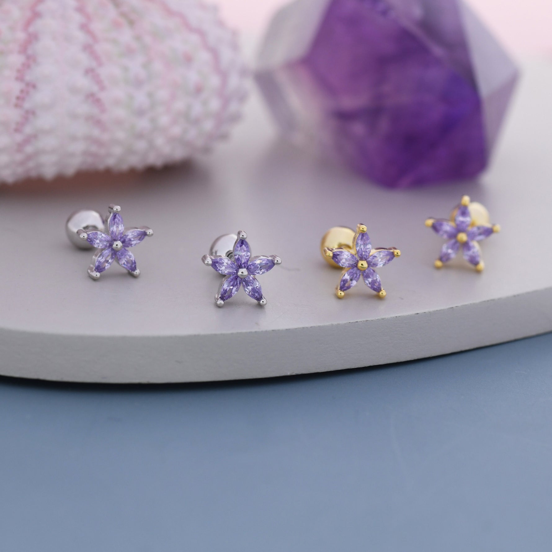 Sterling Silver Amethyst Purple CZ Flower Barbell Earrings, Gold or Silver, Marquise CZ Screw Back Earrings, Stacking Earrings
