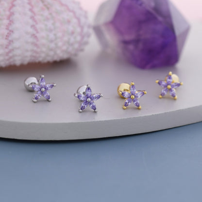 Sterling Silver Amethyst Purple CZ Flower Barbell Earrings,  Gold or Silver, Marquise CZ Screw Back Earrings, Stacking Earrings