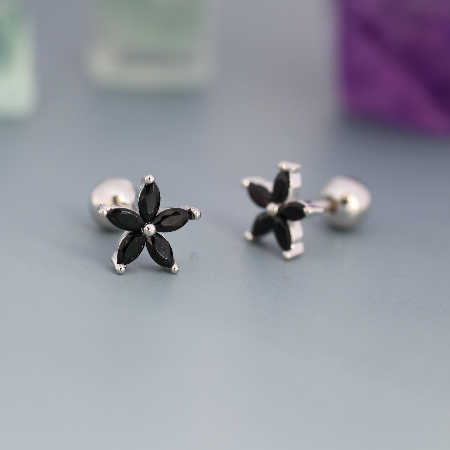 Sterling Silver Black CZ Flower Barbell Earrings,  Gold or Silver, Marquise CZ Screw Back Earrings, Stacking Earrings