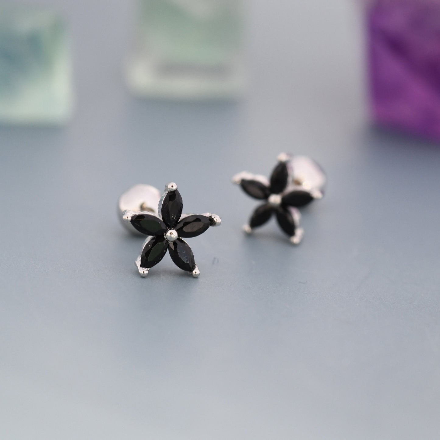 Sterling Silver Black CZ Flower Barbell Earrings,  Gold or Silver, Marquise CZ Screw Back Earrings, Stacking Earrings