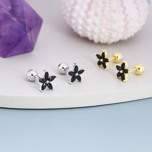 Sterling Silver Black CZ Flower Barbell Earrings,  Gold or Silver, Marquise CZ Screw Back Earrings, Stacking Earrings