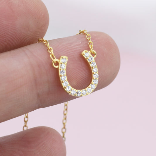 Tiny CZ Horseshoe Necklace in Sterling Silver, Silver or Gold,  Adjustable 16'' - 18''; - Cute Quirky and Fun Jewellery, Horse Necklace