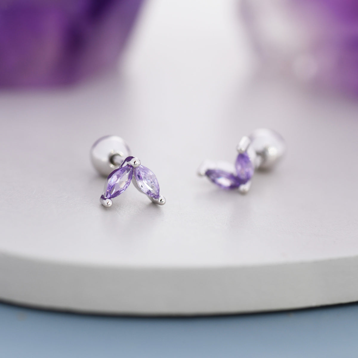 Sterling Silver Amethyst Purple CZ Marquise Leaf Duo Barbell Earrings, Gold or Silver, Marquise Fan Screw back Earrings, Screwback Earrings