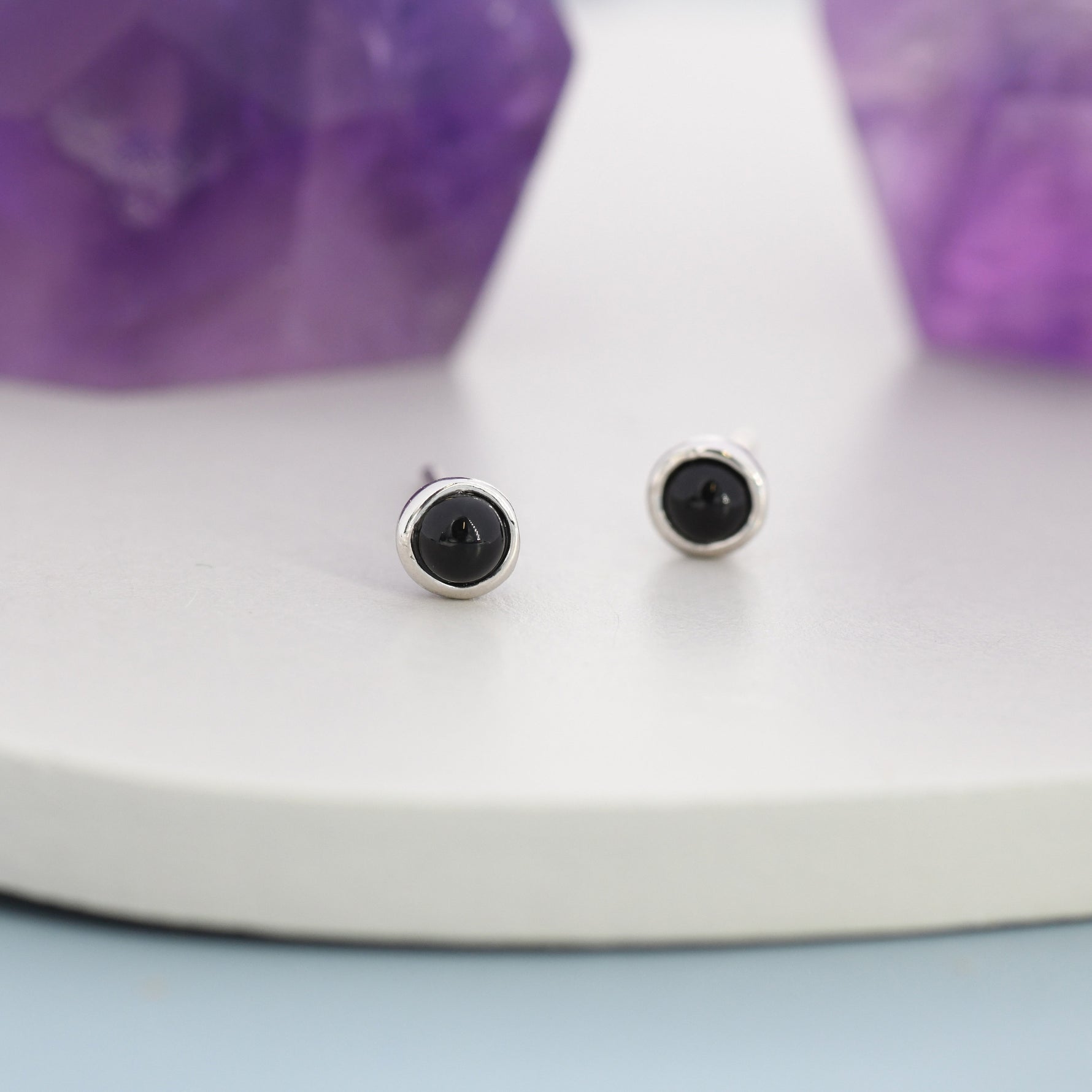 Sterling Silver Black Onyx Stud Earrings, 3mm Genuine Black Onyx Stone, Semi-precious Jewellery
