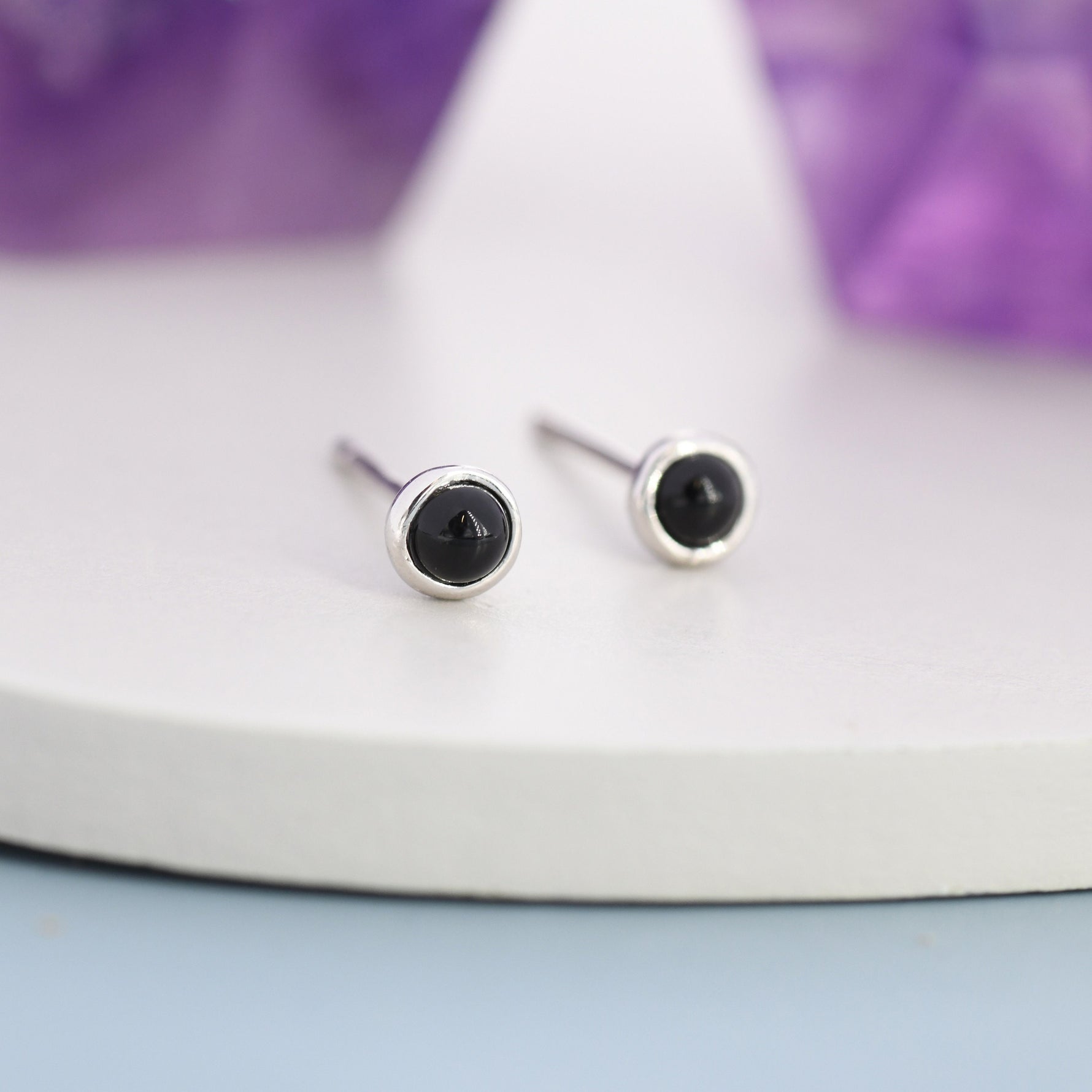Sterling Silver Black Onyx Stud Earrings, 3mm Genuine Black Onyx Stone, Semi-precious Jewellery