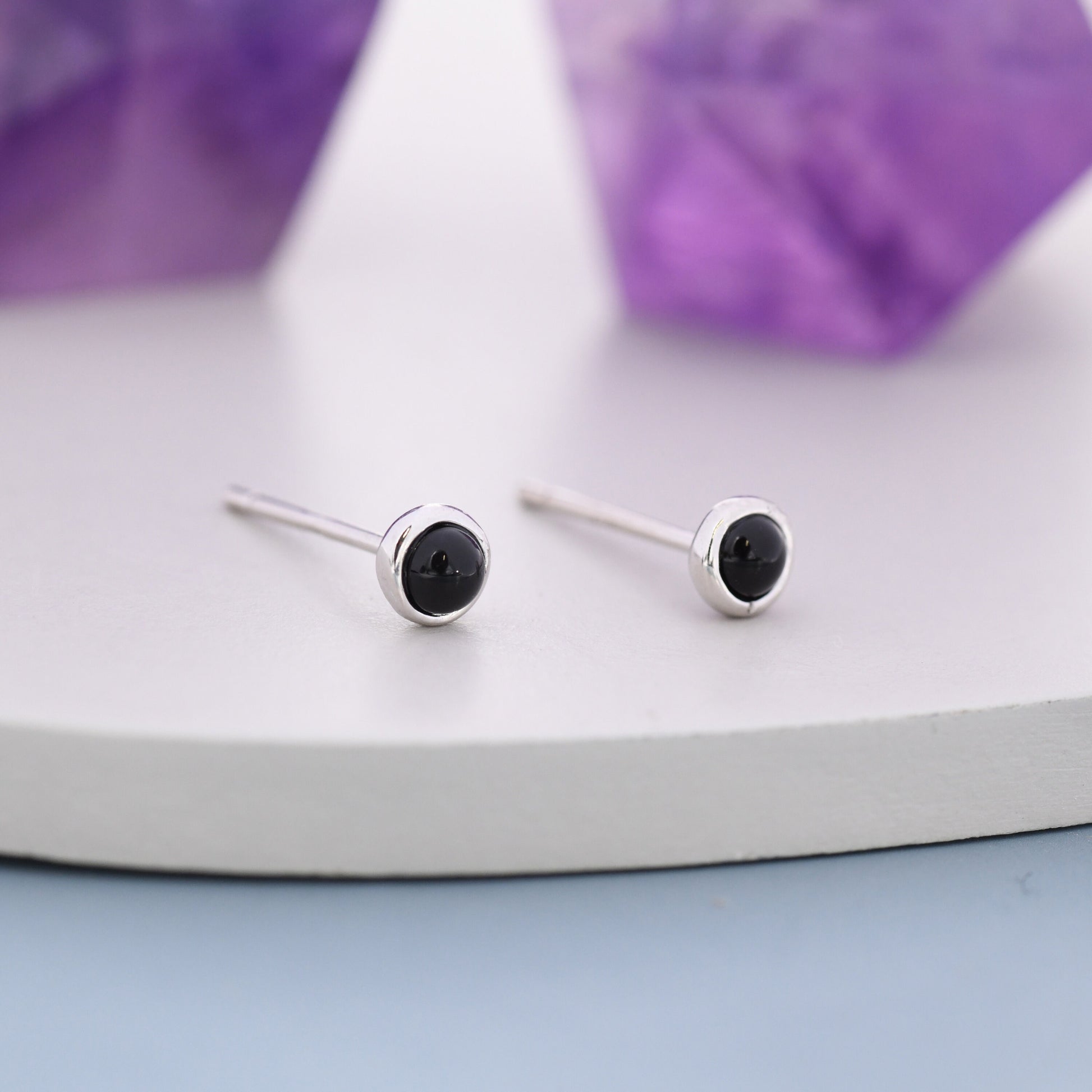 Sterling Silver Black Onyx Stud Earrings, 3mm Genuine Black Onyx Stone, Semi-precious Jewellery