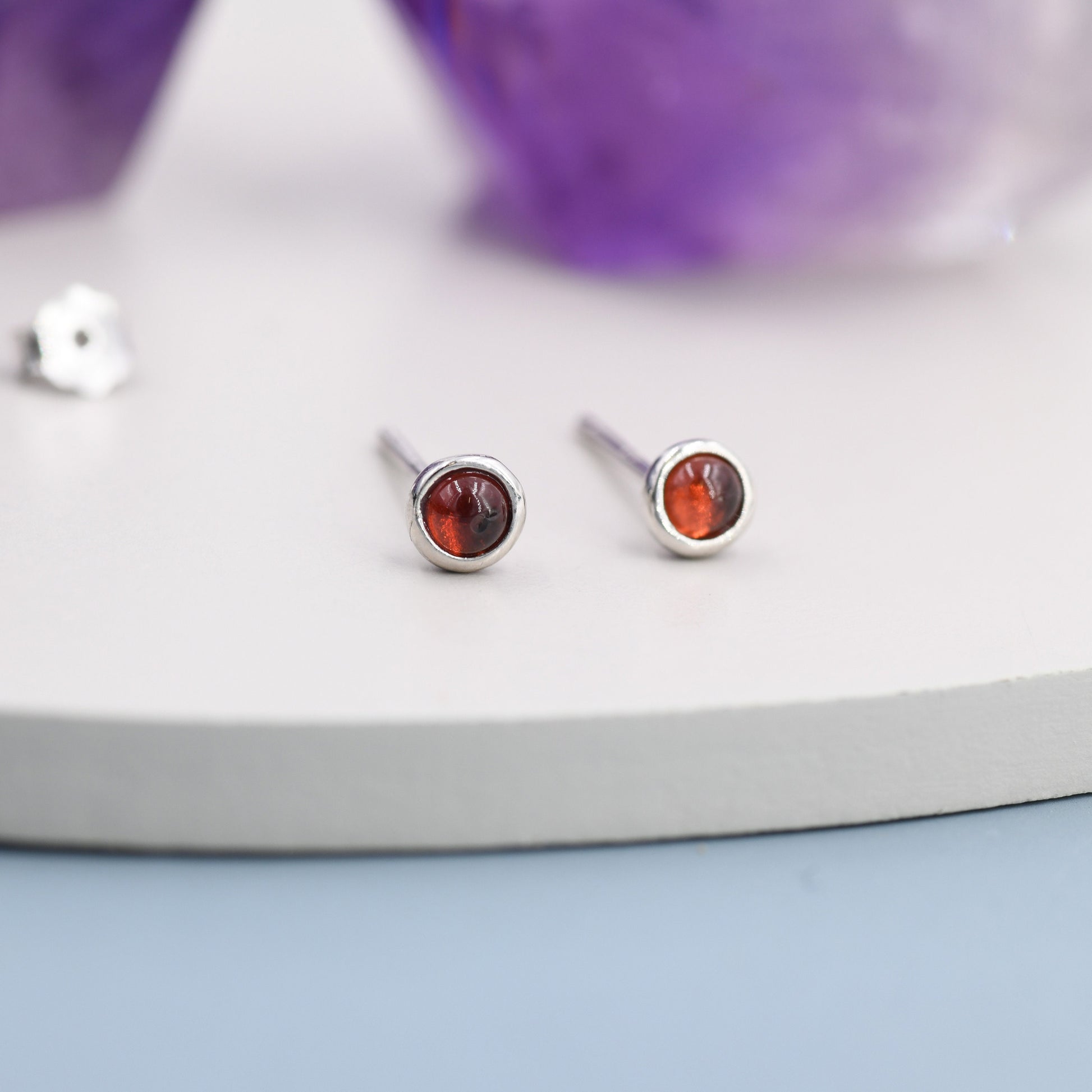 Sterling Silver Red Garnet Stud Earrings, 3mm Genuine Garnet Stone, Semi-precious Jewellery
