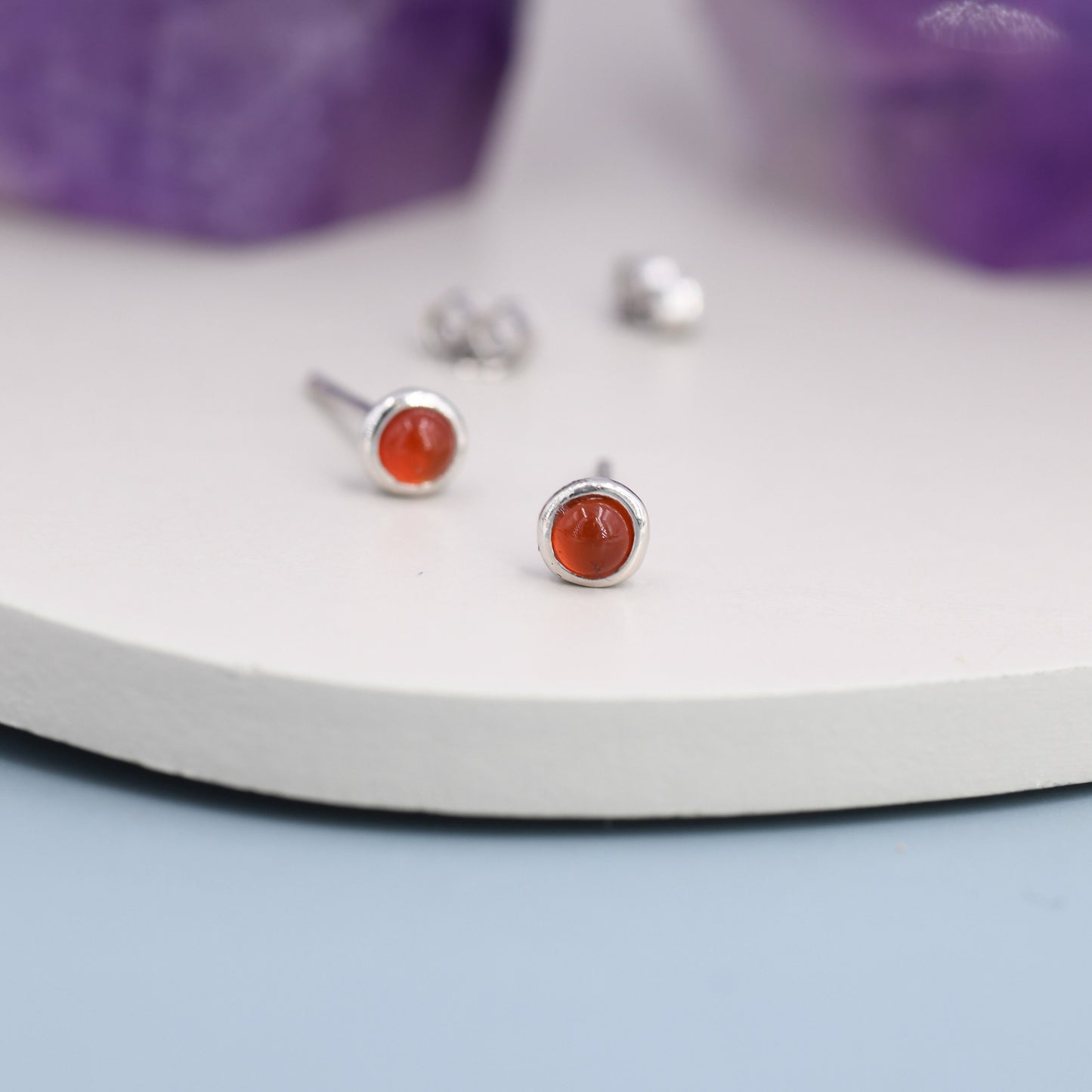 Sterling Silver Red Carnelian Stud Earrings,  3mm Genuine Red Carnelian Stone, Semi-precious Jewellery