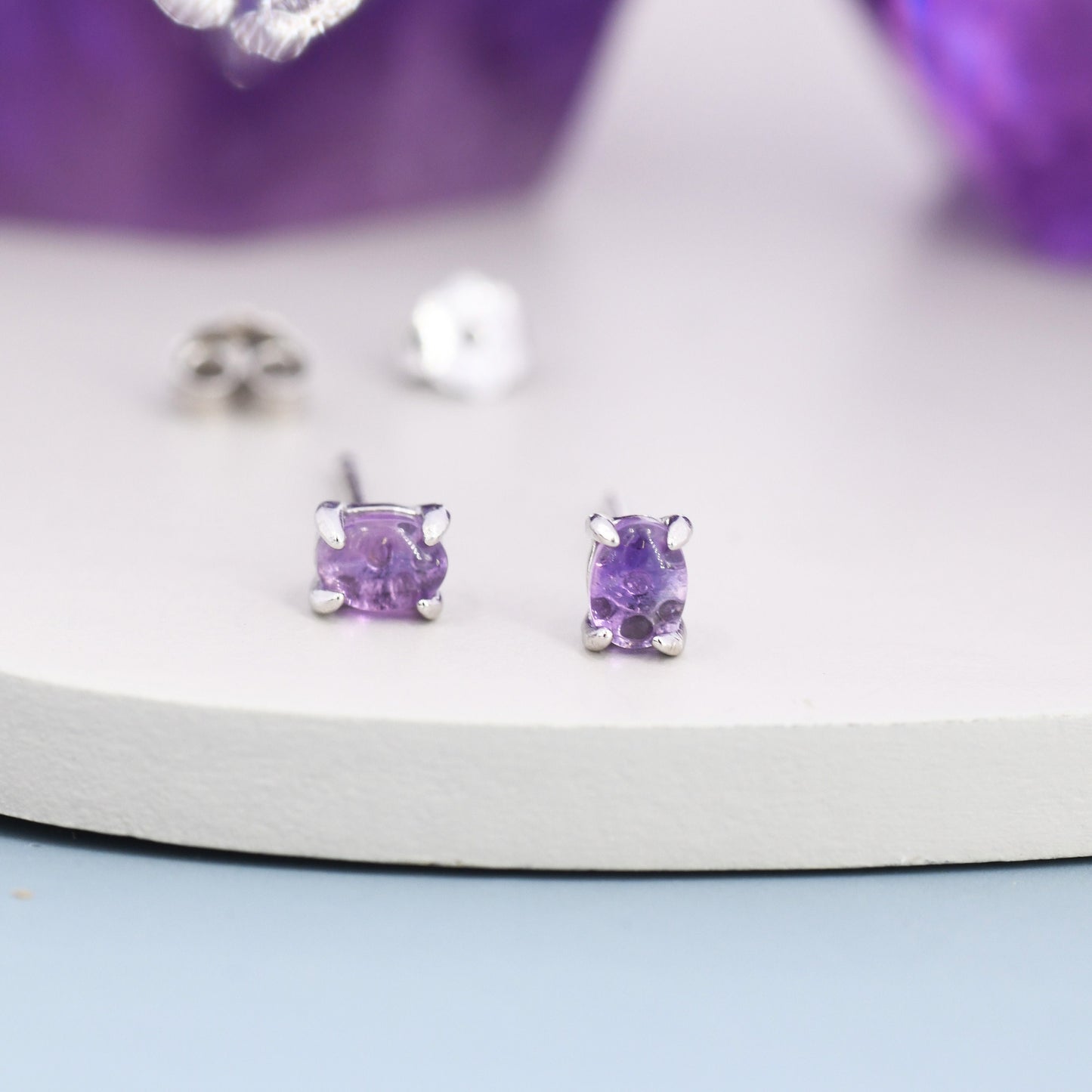 Sterling Silver Natural Amethyst Stud Earrings, 3x5mm Prong Set, Genuine Amethyst Gemstone Stud, Minimalist Style, February Birthstone