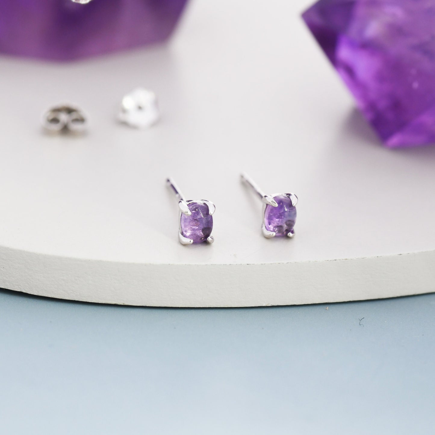 Sterling Silver Natural Amethyst Stud Earrings, 3x5mm Prong Set, Genuine Amethyst Gemstone Stud, Minimalist Style, February Birthstone