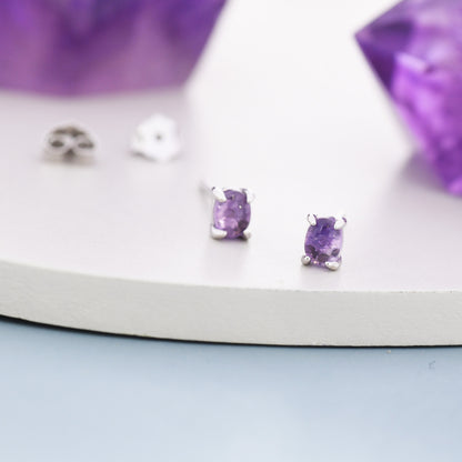 Sterling Silver Natural Amethyst Stud Earrings, 3x5mm Prong Set, Genuine Amethyst Gemstone Stud, Minimalist Style, February Birthstone