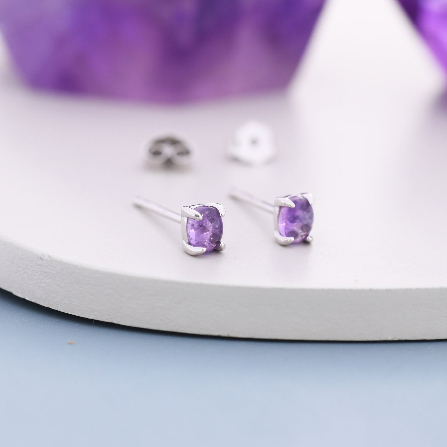 Sterling Silver Natural Amethyst Stud Earrings, 3x5mm Prong Set, Genuine Amethyst Gemstone Stud, Minimalist Style, February Birthstone