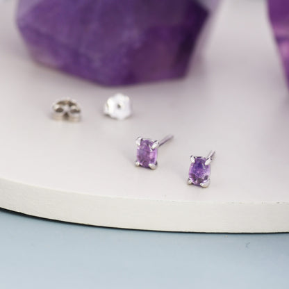 Sterling Silver Natural Amethyst Stud Earrings, 3x5mm Prong Set, Genuine Amethyst Gemstone Stud, Minimalist Style, February Birthstone