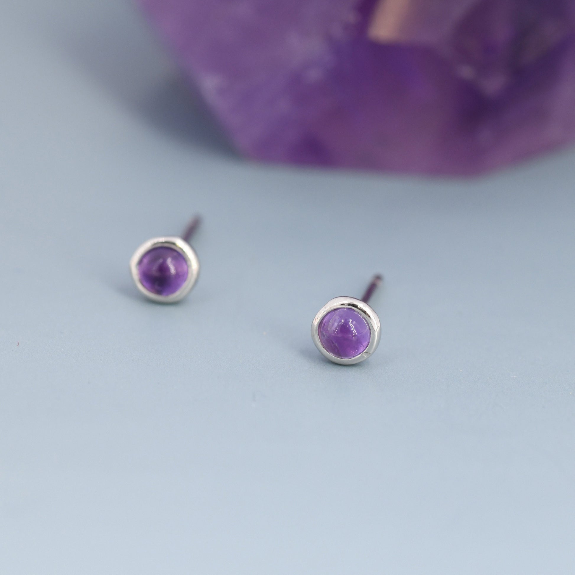 Sterling Silver Natural Amethyst Stud Earrings, 3mm Bezel Set, Genuine Amethyst Gemstone Stud, Minimalist Style, February Birthstone