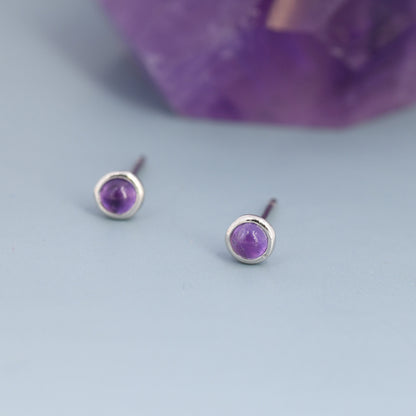 Sterling Silver Natural Amethyst Stud Earrings, 3mm Bezel Set, Genuine Amethyst Gemstone Stud, Minimalist Style, February Birthstone
