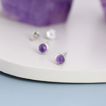 Sterling Silver Natural Amethyst Stud Earrings, 3mm Bezel Set, Genuine Amethyst Gemstone Stud, Minimalist Style, February Birthstone
