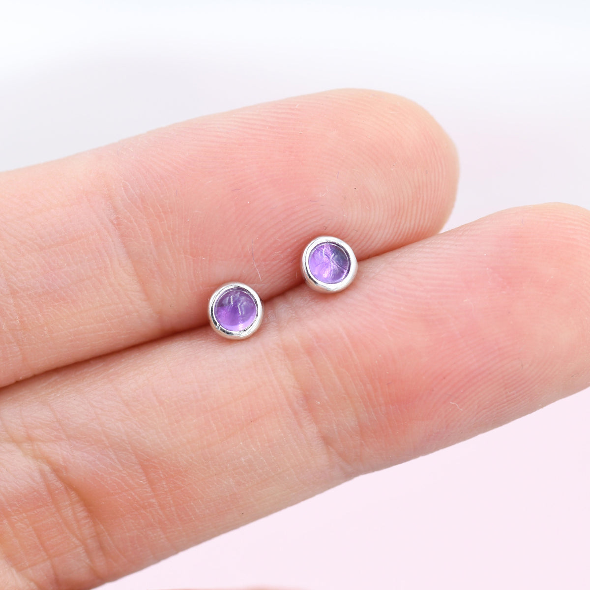 Sterling Silver Natural Amethyst Stud Earrings, 3mm Bezel Set, Genuine Amethyst Gemstone Stud, Minimalist Style, February Birthstone