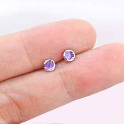 Sterling Silver Natural Amethyst Stud Earrings, 3mm Bezel Set, Genuine Amethyst Gemstone Stud, Minimalist Style, February Birthstone