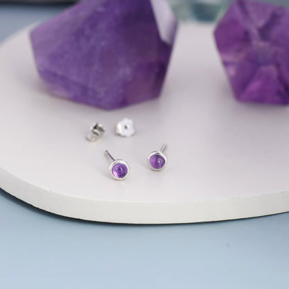 Sterling Silver Natural Amethyst Stud Earrings, 3mm Bezel Set, Genuine Amethyst Gemstone Stud, Minimalist Style, February Birthstone