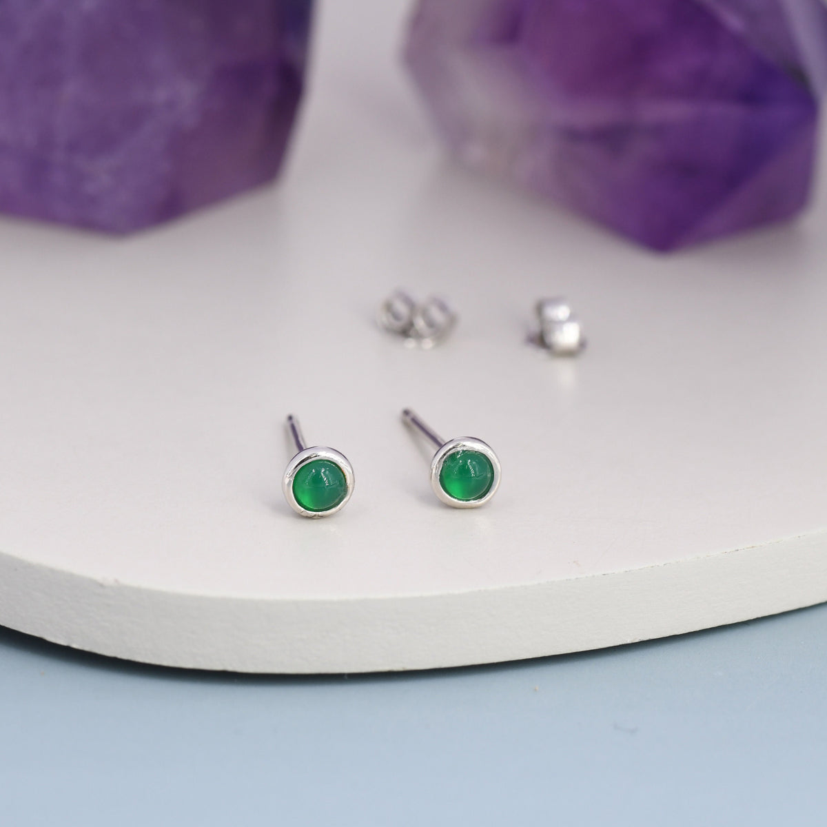 Sterling Silver Green Onyx Stud Earrings, 3mm Bezel Set, Genuine Onyx Gemstone Stud, Minimalist Style