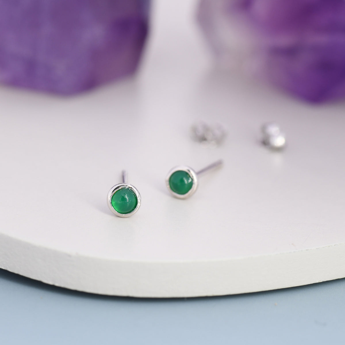 Sterling Silver Green Onyx Stud Earrings, 3mm Bezel Set, Genuine Onyx Gemstone Stud, Minimalist Style