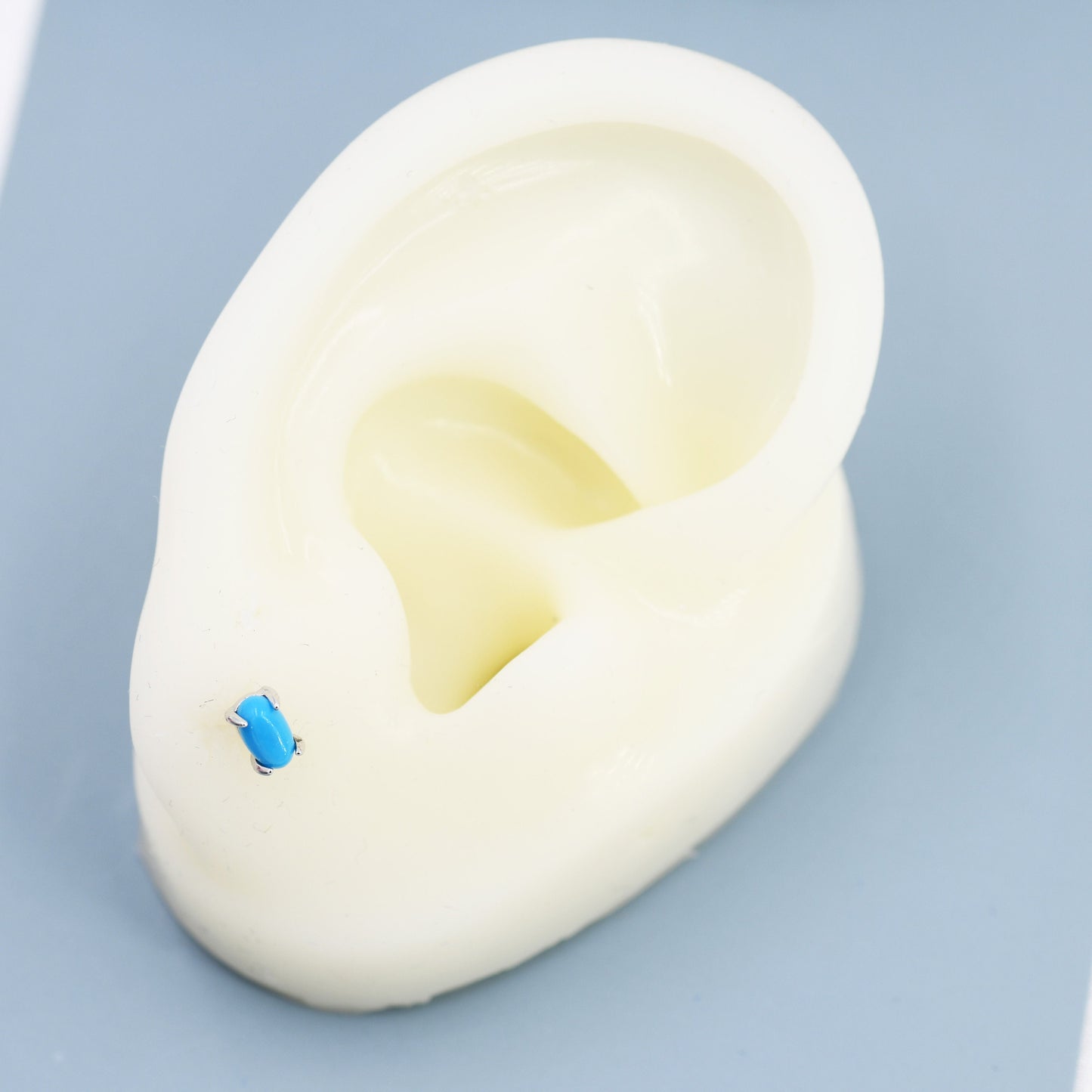 Genuine Blue Turquoise Oval Stud Earrings in Sterling Silver, 3x5 mm Turquoise Stud Earrings, Tiny Turquoise Earrings, December Birthstone