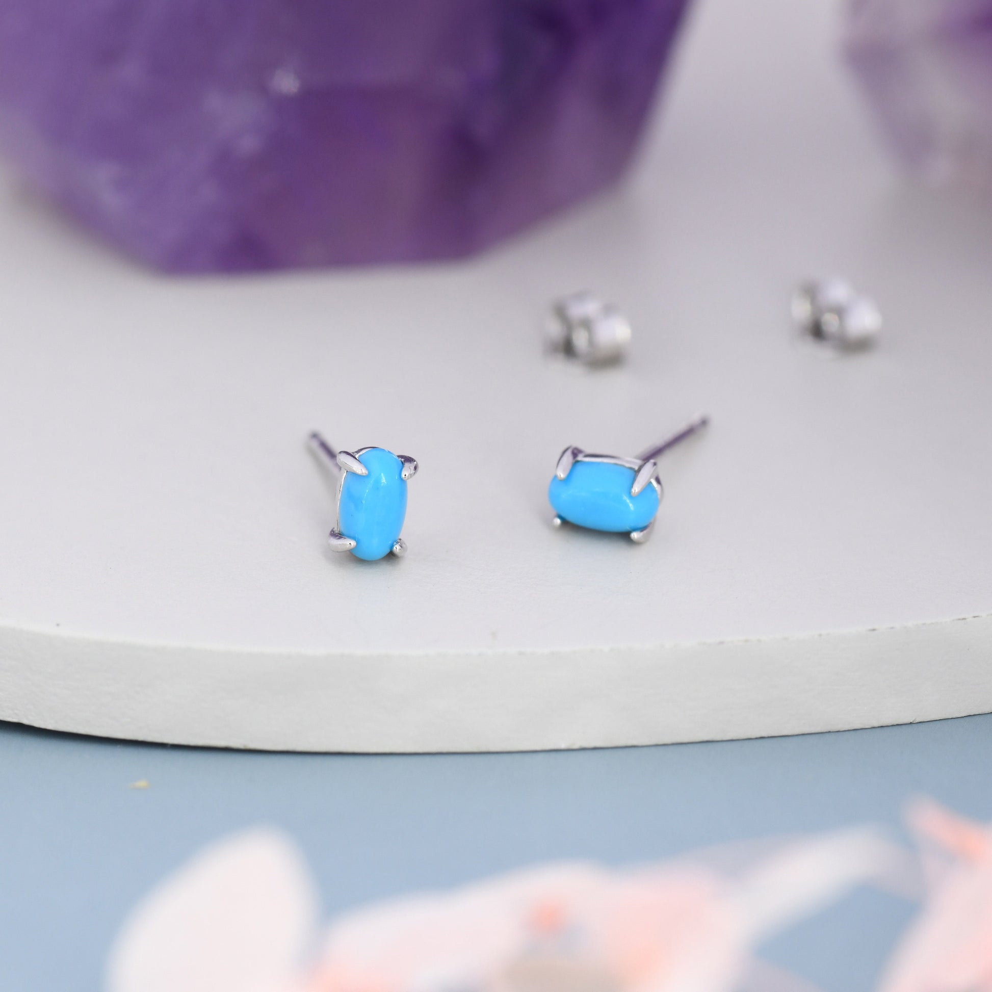 Genuine Blue Turquoise Oval Stud Earrings in Sterling Silver, 3x5 mm Turquoise Stud Earrings, Tiny Turquoise Earrings, December Birthstone