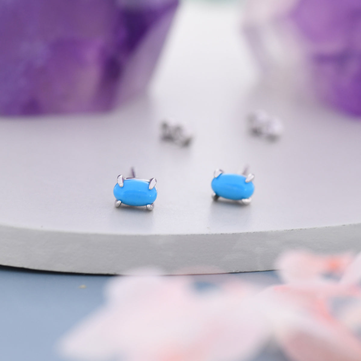 Genuine Blue Turquoise Oval Stud Earrings in Sterling Silver, 3x5 mm Turquoise Stud Earrings, Tiny Turquoise Earrings, December Birthstone