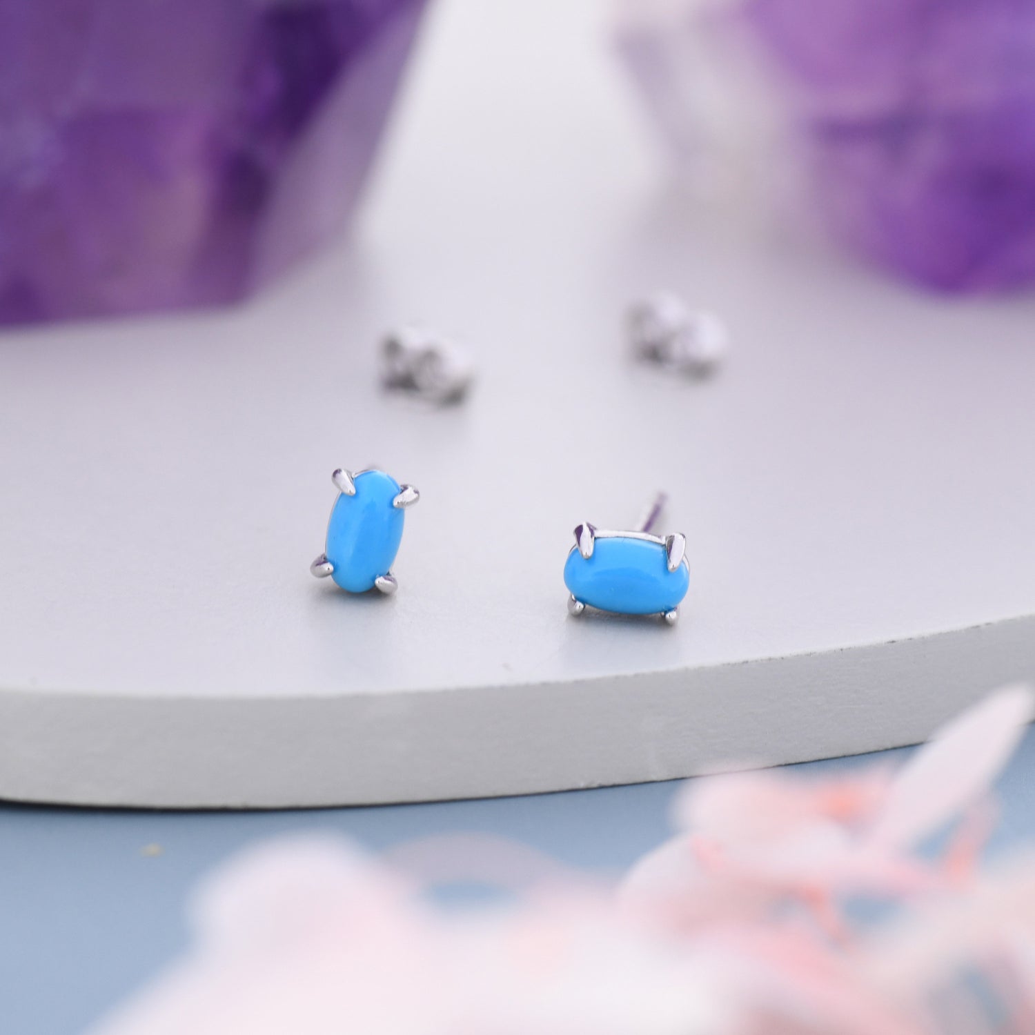 Genuine Blue Turquoise Oval Stud Earrings in Sterling Silver, 3x5 mm Turquoise Stud Earrings, Tiny Turquoise Earrings, December Birthstone