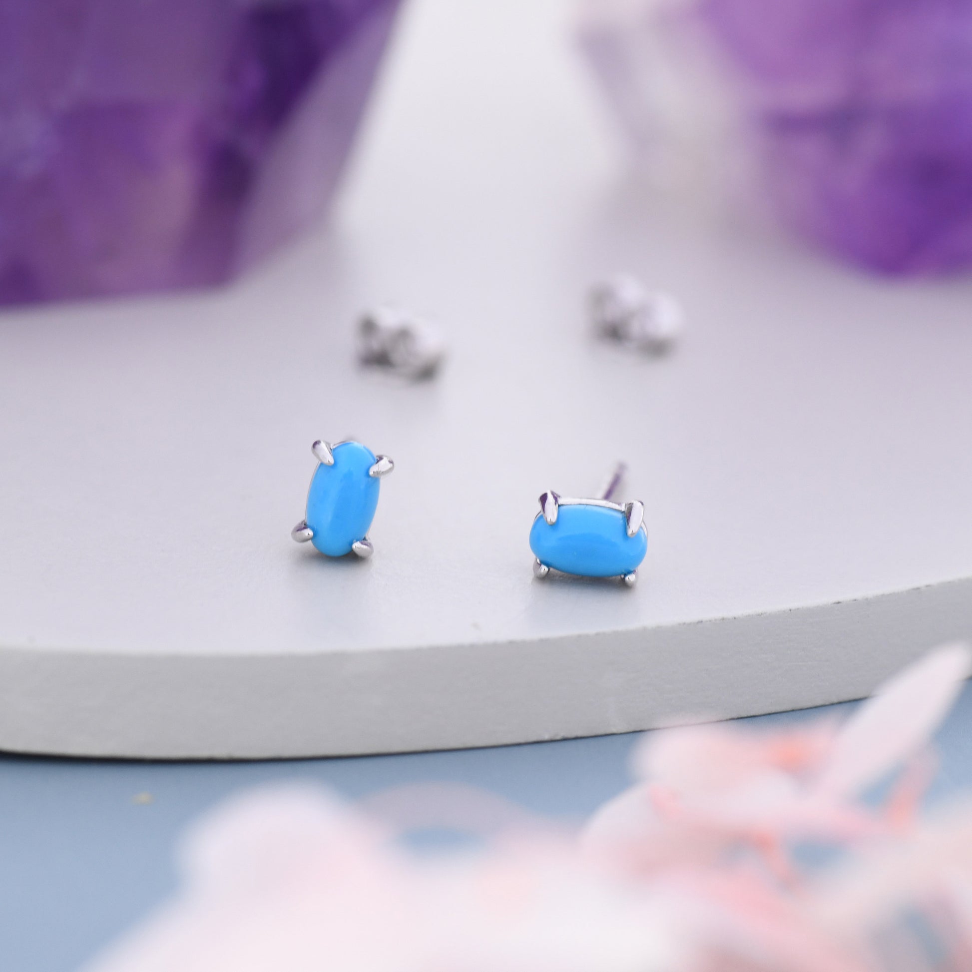Genuine Blue Turquoise Oval Stud Earrings in Sterling Silver, 3x5 mm Turquoise Stud Earrings, Tiny Turquoise Earrings, December Birthstone
