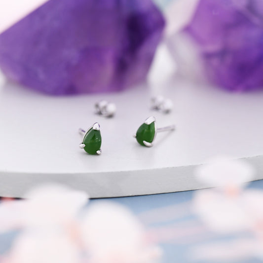 Genuine Jade Pear Stud Earrings in Sterling Silver, 3x5 mm Jade Stud Earrings, Tiny Jade Droplet Earrings