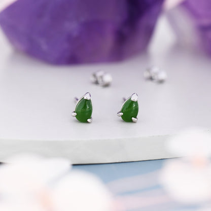 Genuine Jade Pear Stud Earrings in Sterling Silver, 3x5 mm Jade Stud Earrings, Tiny Jade Droplet Earrings