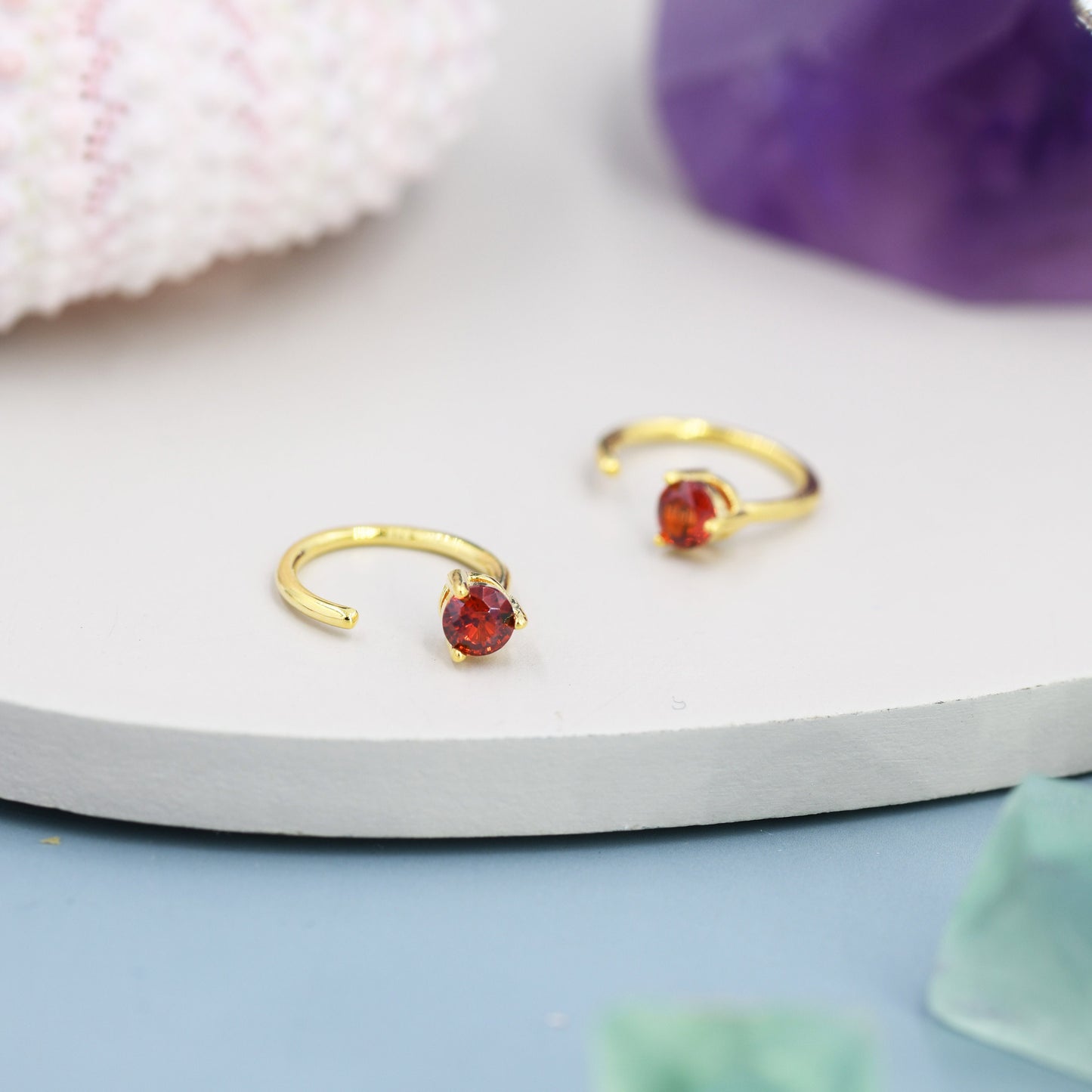 Tiny Garnet Red CZ Huggie Hoop Earrings in Sterling Silver, Red CZ Pull Through Earrings, Half Hoop, Silver or Gold, January Birthstone