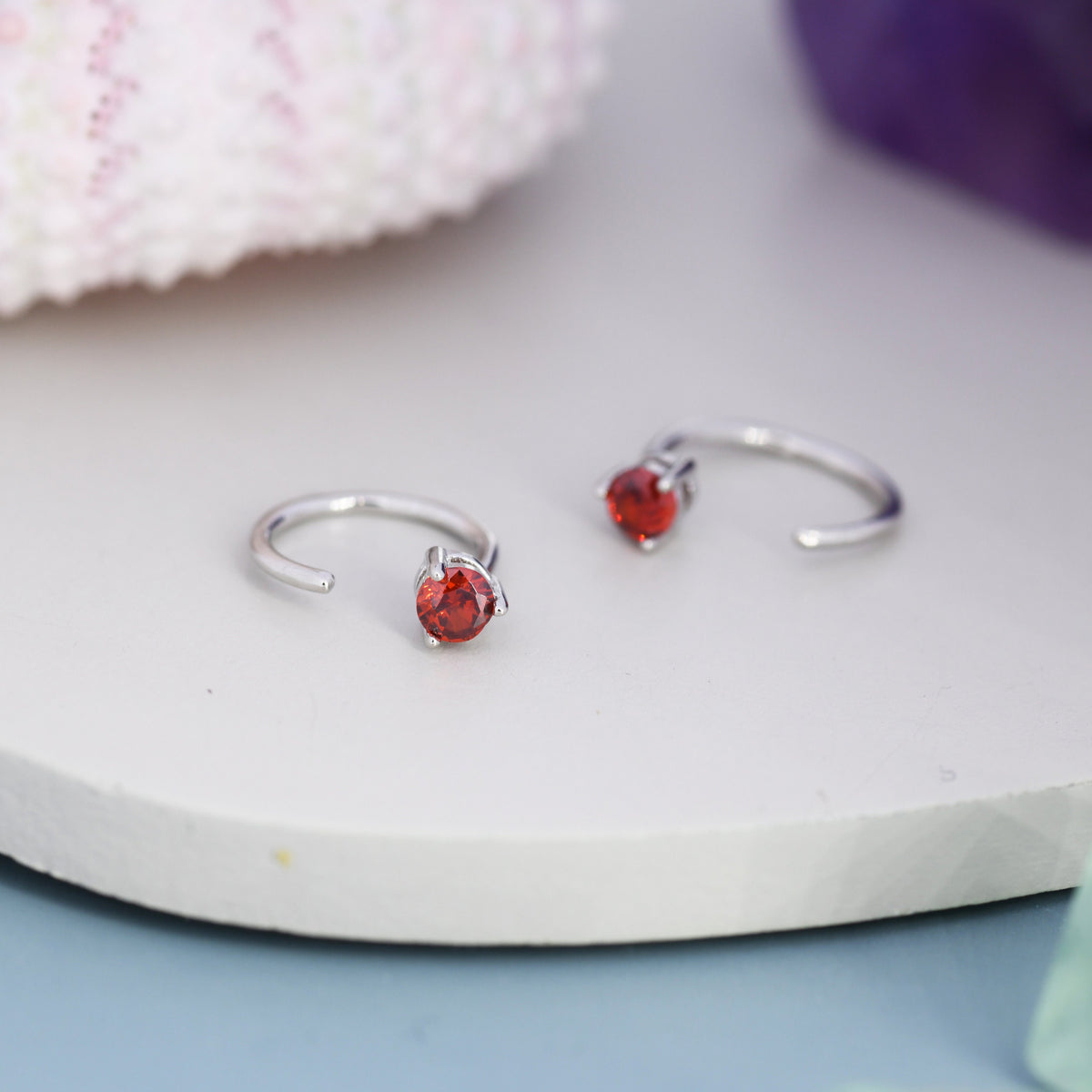 Tiny Garnet Red CZ Huggie Hoop Earrings in Sterling Silver, Red CZ Pull Through Earrings, Half Hoop, Silver or Gold, January Birthstone